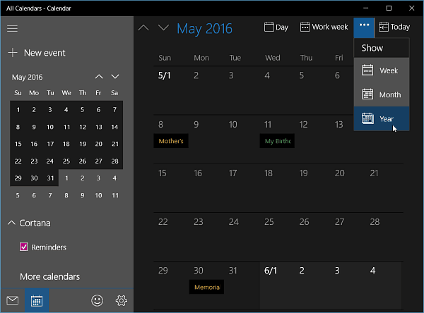 Kalender-app för Windows 10 Insider Build 11099 får årvy