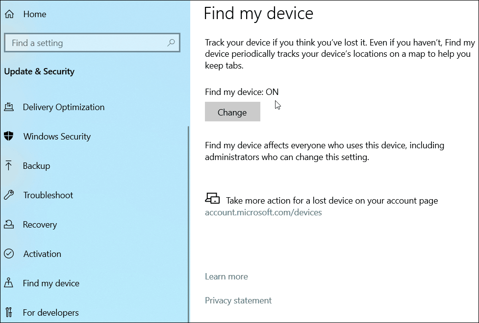 Hitta min enhet Windows 10
