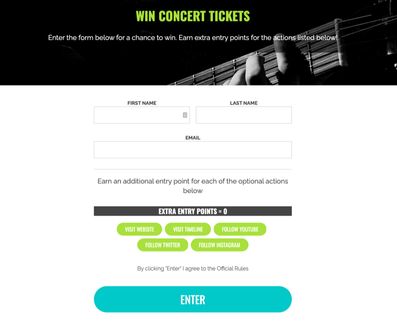 exempel på en giveaway för att vinna konsertbiljetter med extra bidrag som erbjuds för extra åtgärder som webbplatsbesök, youtube följer, twitter följer, etc.