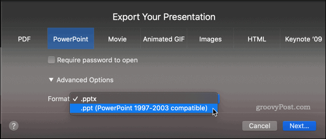 Exportera en Keynote-presentation som en PPT-fil