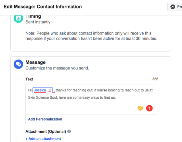 skärmdump av installationsgränssnittet för Facebook Messenger Contact Information automatiskt svar