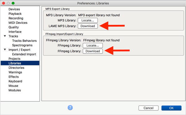 Installera den valfria LAME MP3-kodaren och FFmpeg-biblioteket med Audacity.