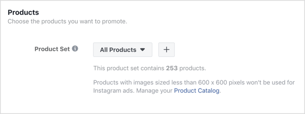 Klicka på + -tecknet i avsnittet Produkter på annonsnivån i din Facebook-kampanj.