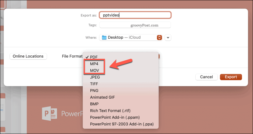 Välja exportfilformat i PowerPoint på Mac