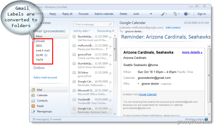 e-postklient för Windows Live Mail, gmail-etiketter konverteras till mappar i Windows Live Mail