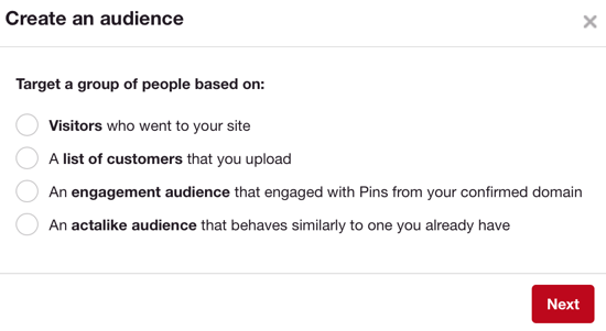 Pinterest-publiken fungerar på samma sätt som Facebooks anpassade målgrupper.