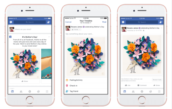 Facebook rullade ut personliga kort, temamaskar och ramar i Facebook-kameran och en tillfällig "Tacksam" reaktion till ära för mors dag.
