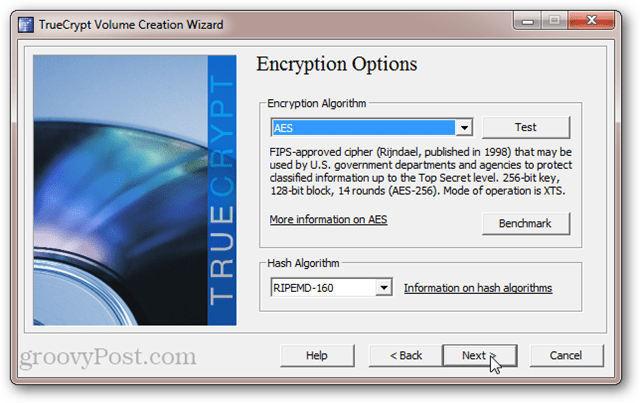 TrueCrypt-krypteringsalternativ: AES, SerpentFish, Twofish, Cascades