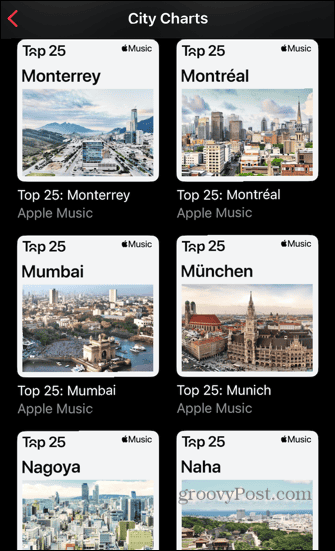 Apple Music listar städer efter namn