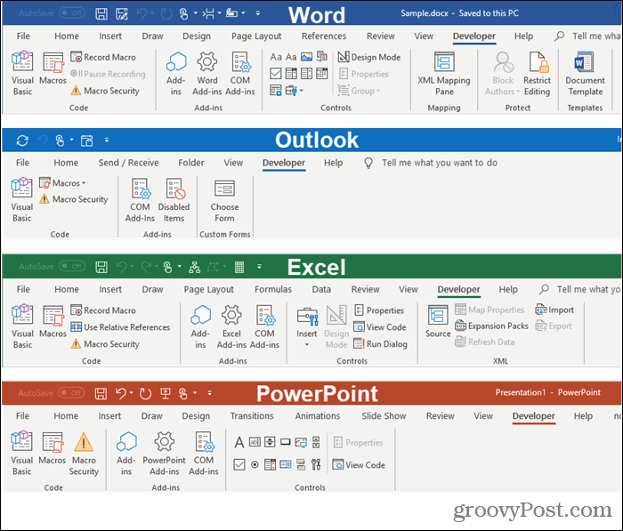 Utvecklare-flikar i Microsoft Office-program