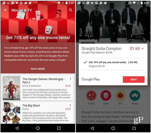 Google Play Movies erbjuder 75% rabatt på alla filmuthyrningar