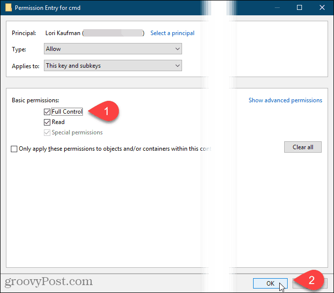 Kontrollera Full kontroll och klicka på OK i dialogrutan Behörighetsinmatning i Windows-registret