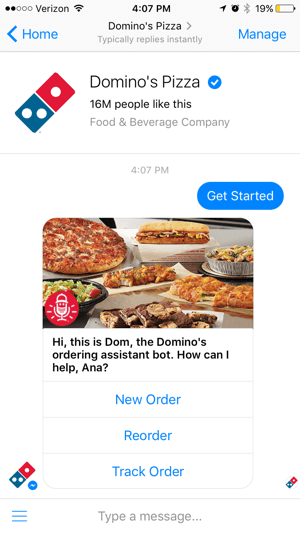 Dominos chatbot gör det enkelt för kunder att spåra sin beställning. Detta kan minska antalet samtal till butiken.