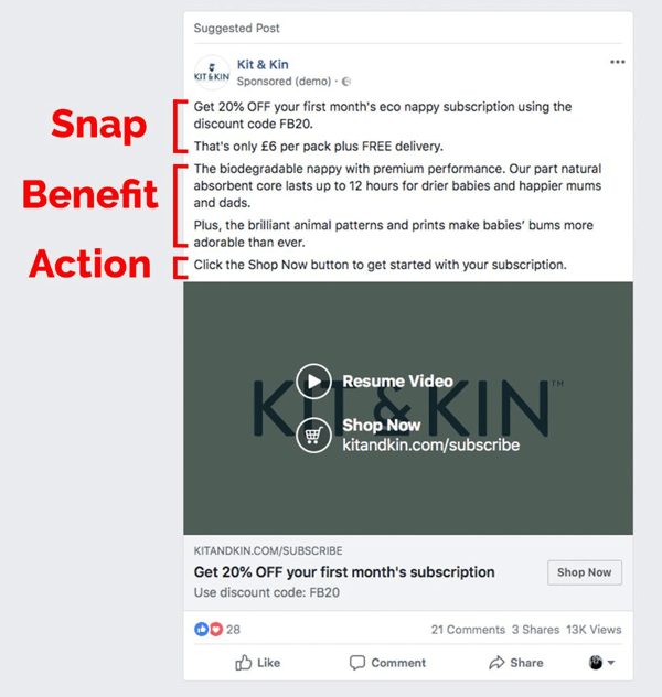 Exempel på SBS-kopieringsmetod för Facebook-annons