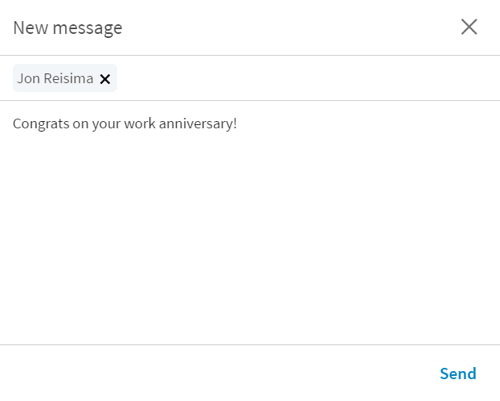 När du klickar på knappen Say Congrats öppnar LinkedIn ett nytt meddelande med en kort start.