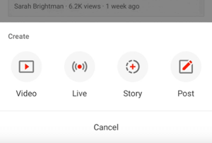 YouTube Create Story-knappen.