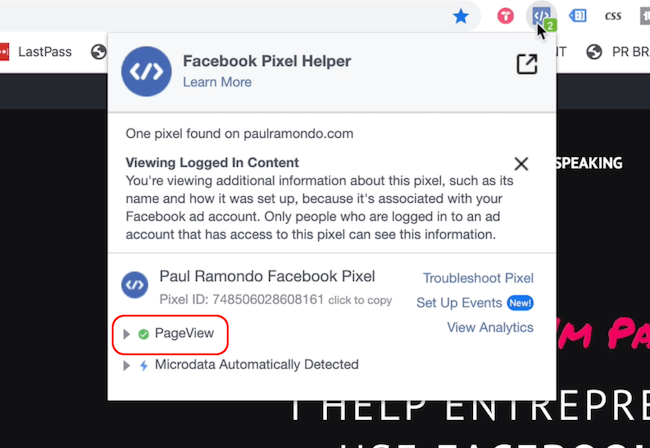 Facebook Pixel Helper som visar sidvisningshändelsen