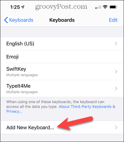 Klicka på Lägg till nytt tangentbord i iPhone-inställningarna