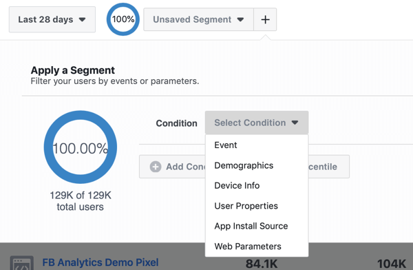 Villkorsalternativ för dina segment i dina Facebook Analytics-händelsekällgrupper.