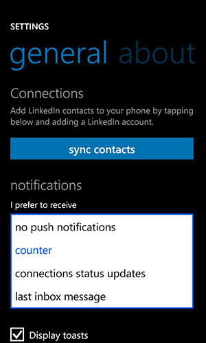 länkad i app för Windows Phone-aviseringsalternativ
