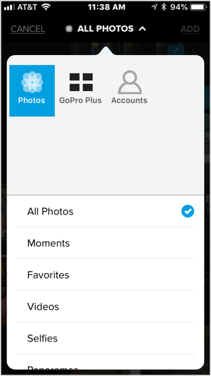 Tryck på + -ikonen och välj en video eller fem eller flera bilder som du vill importera till Quik.
