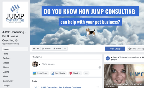 Hur man använder Facebook Groups-funktioner, exempel på Facebook-sida för JUMP Consulting