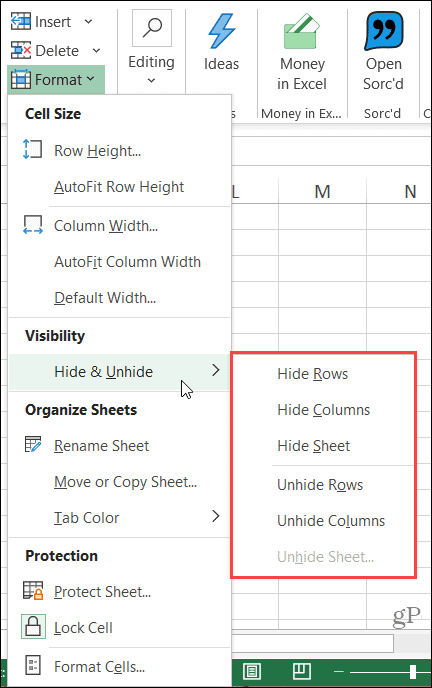 Dölj kolumnband i Excel i Windows