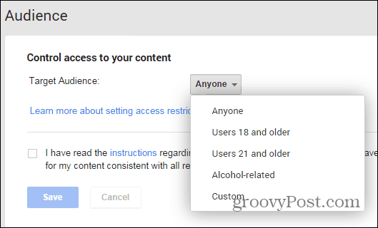 Google+ inläggs sida med restriktionsinställningar alkohol