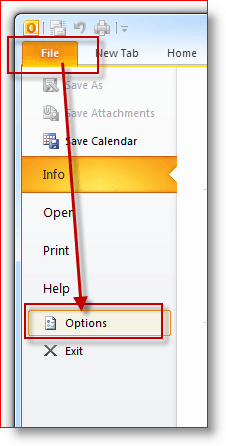 Outlook 2010-fil, menyn Alternativ