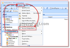 Bild på hur du återställer raderade objekt i Outlook 2007