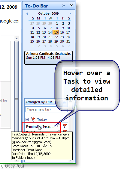 Outlook 2007 Att göra-fältet - Håll muspekaren över objektet för mer information