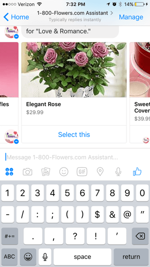 Kunder kan enkelt bläddra och välja produkter från 1-800-Flowers chatbot.