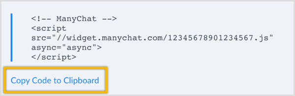 ManyChat kopierar kod till Urklipp