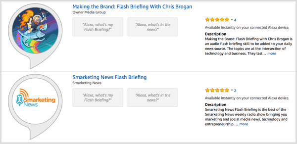 Sök efter flash briefings i Alexa Skill Store.