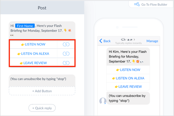Skriv ett meddelande i ManyChat och lägg till knappar.