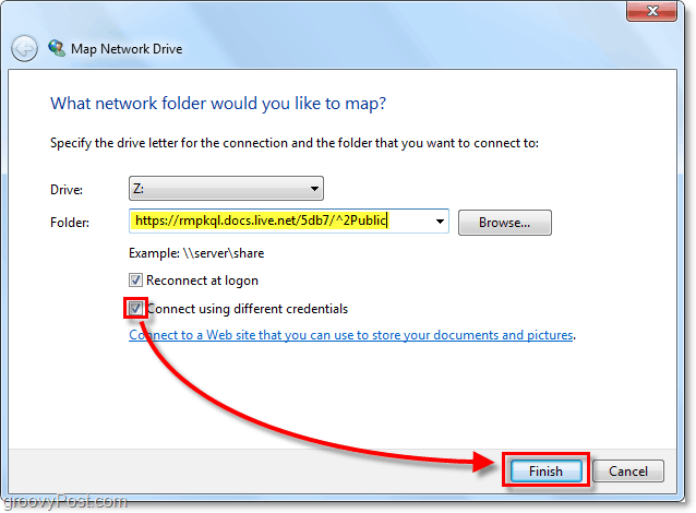 klistra in i din Windows Live skydrive url till den mappade nätverksenhetens opion och kontrollera koppla in olika referenser och klicka sedan på finish.