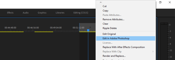 Använd ett arbetssteg i sex steg för att skapa video för flera plattformar, steg 9, menyalternativ för att redigera i Photoshop från Premiere Pro