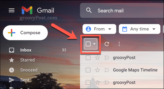 Kryssrutan för att välja e-postmeddelanden i Gmail