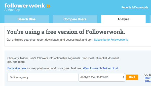 Välj det Twitter-konto du vill analysera med Followerwonk.