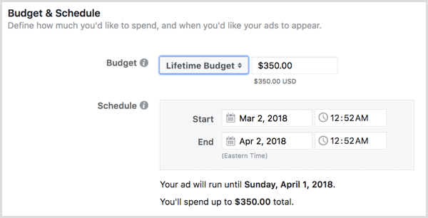 Välj en livstidsbudget för dina annonser.