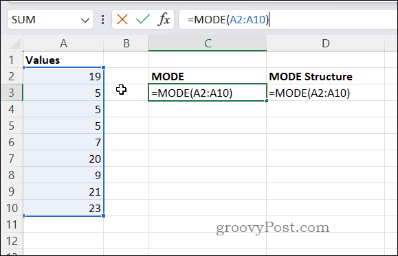 Exempel på MODE-formel i Excel