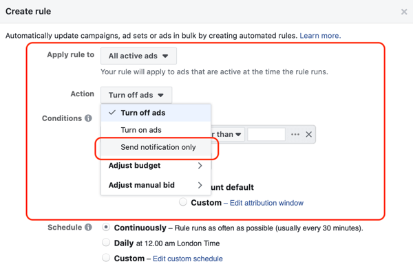 Använd Facebook-automatiska regler, meddelande när annonsfrekvens över 2.1, steg 1, annonsuppsättning och åtgärdsinställningar