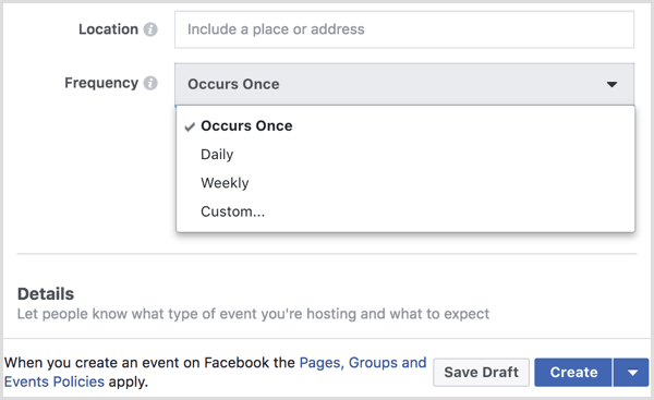 välj intervall från Frequency-menyn för att skapa återkommande händelse med Facebook-sidan