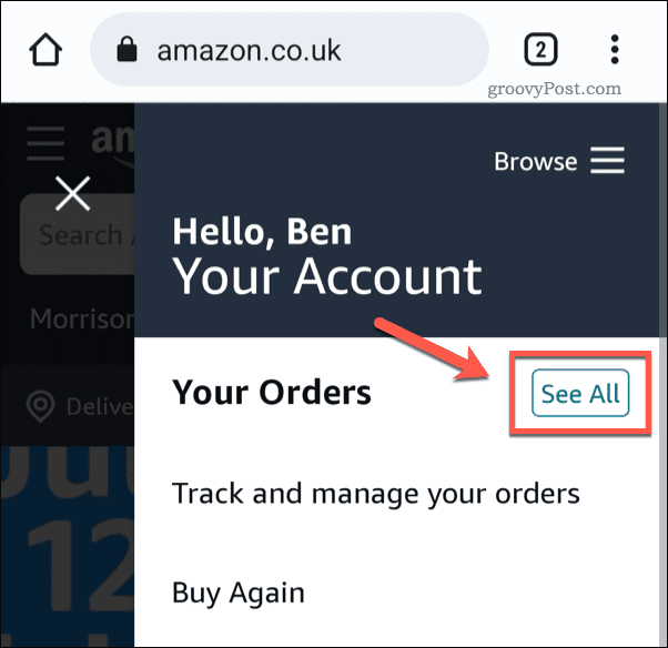 Se alla beställningar på Amazon mobil