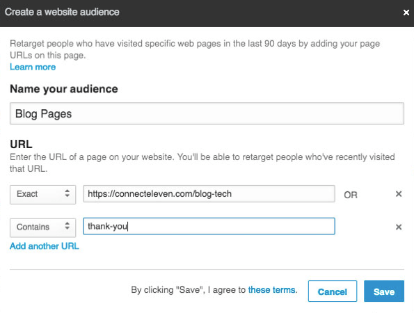 Du kan lägga till flera webbadresser för att retargeta med LinkedIn Matched Audiences.