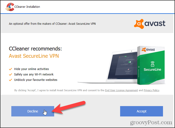 Avvisa Avast VPN i CCleaner