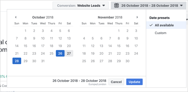 Välj det datumintervall du vill visa med Facebook Attribution-verktyget.