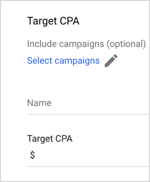 Detta är en skärmdump av Google Ads Target CPA-alternativ. Dessa alternativ är Inkludera kampanjer (valfritt), Välj kampanjer, Namn, Mål-CPA (med en textruta för att ange ett värde). Mike Rhodes säger att Google Ads smarta budalternativ som Target CPA använder artificiell intelligens för att hantera budgivning.