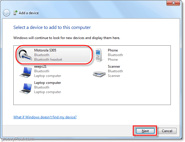 klicka på din Bluetooth-enhet från Windows 7 lägg till en enhetsguide och klicka på Nästa