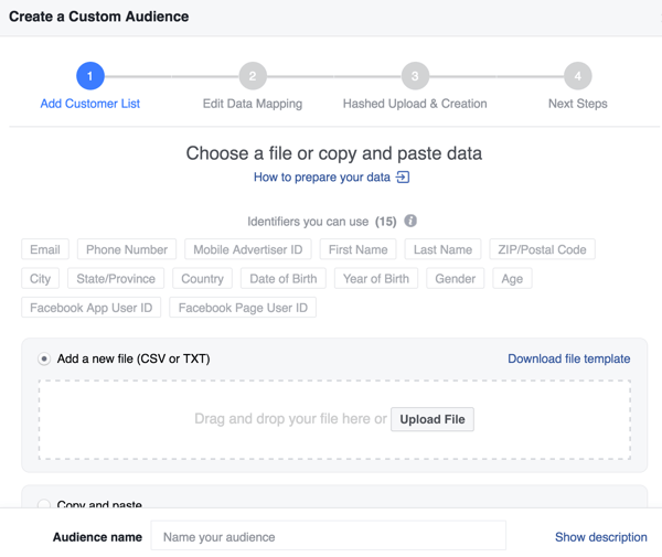 När du skapar en anpassad Facebook-målgrupp från din e-postlista kan du förbättra din matchningshastighet med ytterligare identifierare.